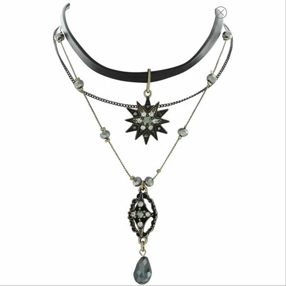 Layered Gothic Victorian Star Rhinestone Choker Vegan Leather - Picture 1 of 6